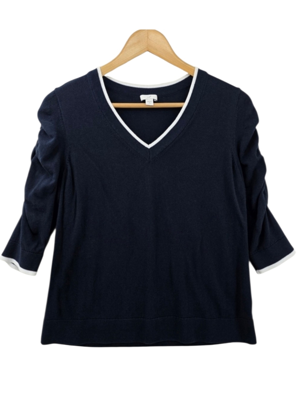J.Jill Navy Blue V-neck Sweater Size Medium Ruched 3/4 Sleeves Organic Cotton